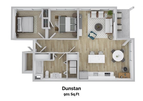 Floor plan for 2 beds, 1 bath, 901 sqft